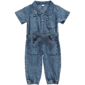 1-6Y Zomer Baby Meisjes Mode Overalls Rompertjes Blauw Denim Korte Mouwen Single Breasted Jumpsuits