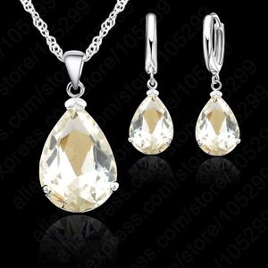 9 Kleuren Bruiloft Bruids Sieraden Sets Vrouwen 925 Sterling Zilver Water Crystal Hanger Kettingen Oorbellen Sets