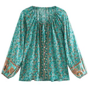 Boho Inspird Rode Lange Mouwen Bohemian Blouse Voor Vrouwen V-hals Katoen Losse Vrouwen Tops En Blouses Boho Strand Blouse top