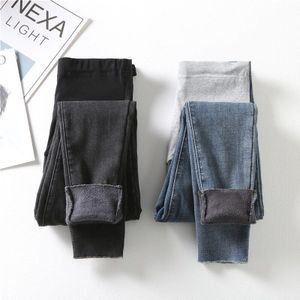 0252B # Winter Dikker Warme Fluwelen Denim Jeans Hoge Taille Verstelbare Buik Broek Voor Zwangere Vrouwen Zwangerschap Broek