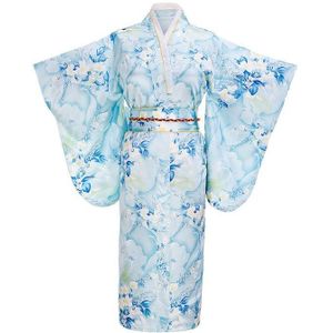 Lichtblauw Japanse Vrouwen Traditie Yukata Zijde Rayon Kimono Met Obi Bloem Vintage Cosplay Kostuum One size