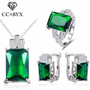 Cc Sieraden Mode-sieraden Set Voor Vrouwen 925 Sterling Zilveren Sieraden Groene Steen Cz Wedding Sets Earring Ketting Ring CCAS119