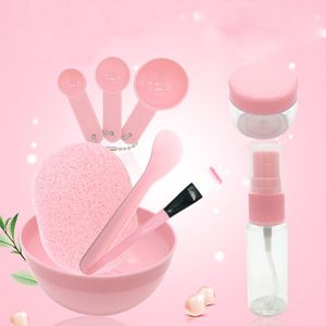 9 stks/set Draagbare Roze Make-Up Borstel Kit DIY Tool Set Masker Kom Maatlepel Spuiten Stok Algen Spons Doseren Fles kit