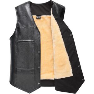 Zwarte Mannen PU Leer Fleece Vest Grote Maat Herfst Winter Middelbare Leeftijd Mode mannen Geladen Fleece Vest Jas