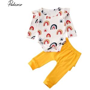 Baby Lente Herfst Kleding Peuter Pasgeboren Baby Meisje Regenboog Kleren Lange Mouw Romper Ruche Broek Outfit