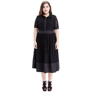 Vrouwen Zomer Toevallige Zwarte Kanten Jurk Hollow Out Korte Mouw Hoge Taille EEN Lijn Party Jurk Knoppen Shirt Jurk plus Size