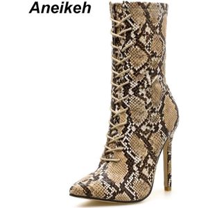 Aneikeh Chelsea Laarzen Lente Vrouwen Snake Skin Puntschoen Mid-kalf Rits Side Naaldhak Sexy Korte Laarzen lady Bootie