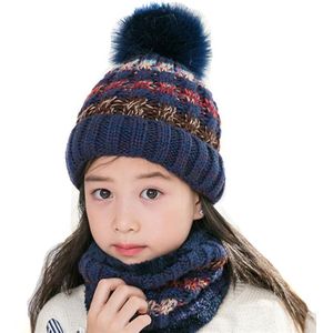 Kind Winter Gebreide Muts Sjaal Set Meisjes Warme Pluche Warm Mutsen Pluche Hoed En Ring Sjaal Mix Kleur Grote Kid pom Pom Cap Sjaals