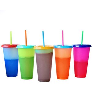 5Pcs 710Ml Pp Temperatuur Magische Kleur Changeing Tumbler Cups In Bulk Kleurrijke Koud Water Koffie Mok Flessen Cup met Rietjes