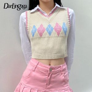 Darlingaga V-hals Herfst Y2K Gebreide Trui Vest Mouwloze Argyle Plaid Trui Casual Tank Top Preppy Stijl Vrouwen Truien