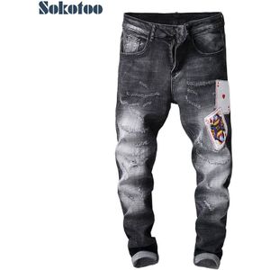 Sokotoo mannen poker patches black ripped jeans Mode borduren stretch denim slim skinny broek