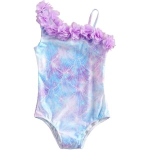 Focusnorm 0-5Y Zomer Kids Meisjes Een Stuk Bikini Ruches Een Schouder Print Mouwloze Beachwear Badmode