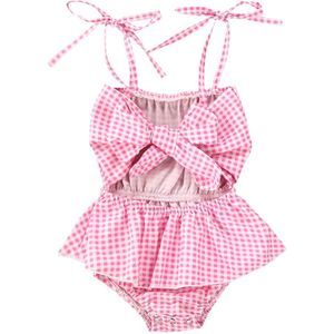 0-24M Zomer Mooie Baby Baby Meisjes Bodysuits Roze Plaid Print Strik Mouwloze Jumpsuits