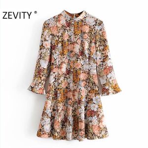 Zevity Herfst Vrouwen Vintage Stand Kraag Bloemenprint Een Lijn Mini Jurk Office Dames Ruches Mouwen Casual Chic Vestido DS4542