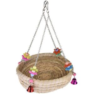 Praktische Geweven Stro Nest Nest Bed Grote Vogel Schommel Speelgoed, Met Klokken, Papegaai Papegaai, Papegaai, kanarie Hamster, Chinchilla, Kooi