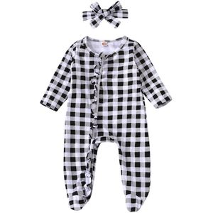 Focusnorm Pasgeboren Baby Meisjes Jongens Rompertjes 0-6M Lange Mouwen Ruches Rits Plaid Print Jumpsuits Een Stuk