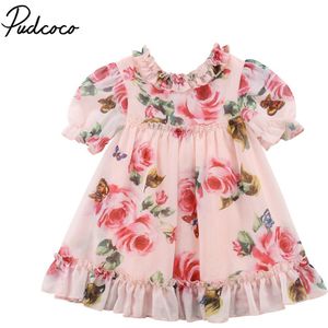 Brand Princess Party Peuter Baby Meisjes Chiffon Bloemen Print Ruches Knielange A-lijn Jurk Jurk 6M-5Y