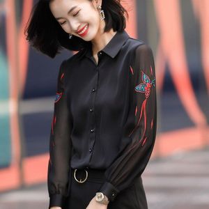 Geborduurde Zijde Shirt Vrouwen Lange Mouw Temperament Mode Zwarte High-End Blouses Office Dames Formele Werk Tops