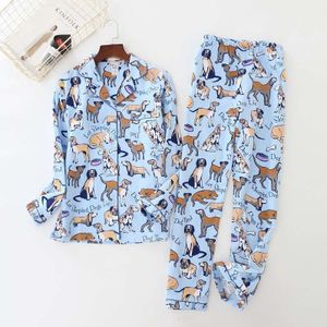 Vrouwen Pyjama Leuke Hond Print Geborsteld Katoen Pijama 2 Stuks Set Lange Mouwen Elastische Taille Broek Lounge Nachtkleding Pyjama S80001