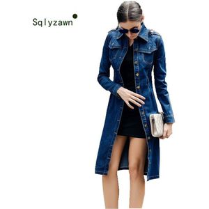 Vrouwen Herfst Katoen Slanke Denim Trenchcoat Lange Mouwen Vintage Casual Jeans Windjack Potlood Jurk met Riem Overjas 4XL