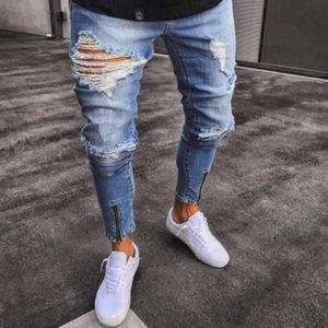 Jeans Mannen Ripped Rits Blauwe Broek Ropa Hombre Pocket Jogger Broek Heren Jeans Mannelijke Broek Mannen Kleding