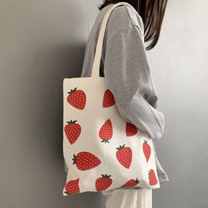 Vrouwen Canvas Tote Bag Eco Boodschappentas Grote Capaciteit Aardbei Afdrukken Fruit Schoudertas Voor Vrouwen Vrouwelijke Opvouwbare Handtas