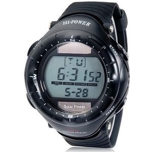 0405 Ronde Dial Digitale Waterdichte Duiken Solar Sporthorloge met Solar Beweging, Plastic Case, Rubber Strap & Backlight (Zwart)