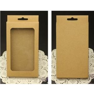 3 maten Bruin Zwart kraft papier doos met pvc raam voor mobiele telefoon case, retail telefoon geval verpakking, universele telefoon doos