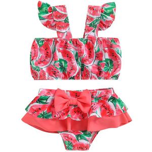 Yiiciovy Kid Meisje Zwemkleding Set Watermeloen Gedrukt Mouwloze Wide Sling Tops Kid &#39;S Strik Ruches Decor Bikini Sets