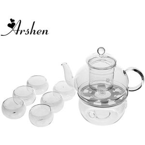 Arshen Theewaar Set Omvat Hittebestendig 400 ML Theepot Set Zetgroep Theepot met Warmer en 6 Stks Dubbele Muur Thee Cups Top