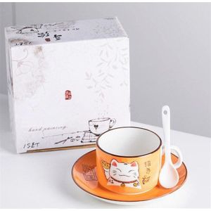 5 kleuren Handwerk Lucky Cat Manekineko Keramische Tea Cups Mokken Schotel Lepel 3PCs