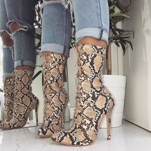 Vrouwen Lace-Up Laarzen Slangenprint Enkellaars Hoge hakken Mode Wees teen Dames Sexy schoenen Chelsea Laarzen hjm7