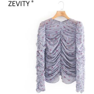 Zevity Vrouwen Mode O Nek Bloemenprint Geplooide Slanke Kiel Blouse Dames Terug Rits Shirt Chic Feminina Blusas Tops LS7239