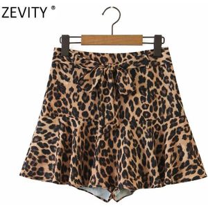 Zevity Vrouwen Vintage Luipaard Print Casual Bermuda Rokken Dames Side Rits Chic Sjerpen Shorts Pantalone Cortos P925