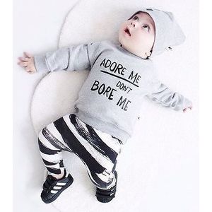 Herfst Winter 3 stks Pasgeboren Baby Meisjes Jongens lange mouwen letters Tops T-shirt Gestreepte Broek Leggings Hoed 3 stks Outfits Set