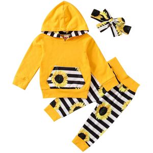 Infant Kids Baby Meisje Kleding Schattige Zonnebloem Strepen Print Lange Mouwen Top + Broek + Hoofdband 3Pcs Outfits Set lente Herfst