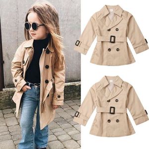 Baby Lente Herfst Kleding Peuter Meisje Revers Trench Lange Mouwen Kid Jas Gevoerde Trenchcoat Solid Uitloper Riem 2-7T