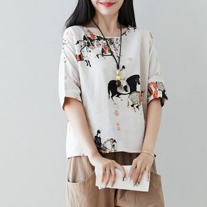 Chinese Stijl Dameskleding Zomer Casual Katoen Linnen T-shirts Korte Mouw Losse Vintage Dames Chinese Tops 11113