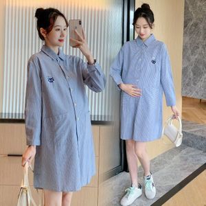 6026 Lente Strip Katoen Moederschap Blouse Grote Maat Loose Lange Mouwen Shirt Kleding Voor Zwangere Vrouwen Zwangerschap Tops