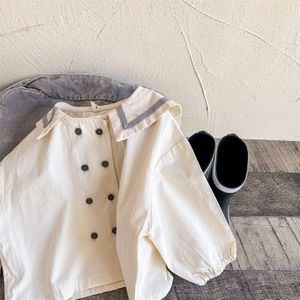 1638C Meisje Kleding Cottom Hennep Overhemd 2022 Voorjaar Koreaanse Meisje Shirt Jas Lange Mouw Twee Rij Knoppen Meisje top Coat