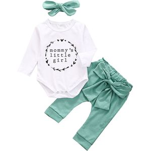 Focusnorm 3Pcs Baby Meisjes Jongens Herfst Kleding Sets Ronde Hals Lange Mouwen Brief Rompertjes Top + Groen strik Broek + Haarband