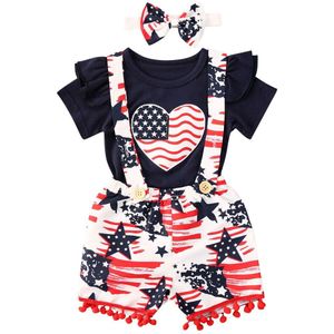 3Pcs Meisje 4th Juli Kleding Vliegende Mouw Amerikaanse Vlag Hart Jumpsuit Mode Jarretel Shorts Broek Met hoofdband