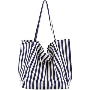 Dames Gestreepte Canvas Handtas Zomer Strand Klassieke Stof Zacht Grote Handtas Vrouwelijke Toevallige Tas Dunne Strip Blauw