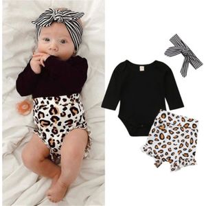 3Pcs Pasgeboren Kids Baby Meisjes Zomer Kleding Sets Zwart Korte Mouw Romper Luipaard Shorts Bloomer Hoofdband Outfits 0-24M