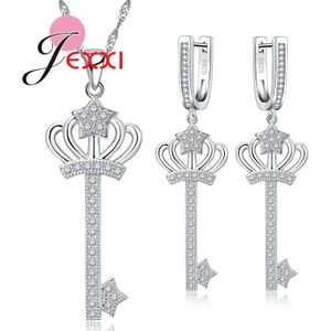 Zilveren Sleutel Slot Sieraden Sets Aaa Crystal Hanger Ketting Oorbellen Crown Star Shiny Fine Jewelry Set Voor Vrouwen