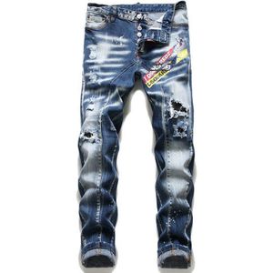 Blauw Verf Ripped Gaten Wilde Persoonlijkheid Jeans Heren Bottom Denim Broek Pocket Rits Etikettering Casual straat