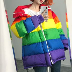 Rainbow Panel Puffer Jas Voor Vrouwen Katoen Gevoerde Warme Jas Winter Parka Plus Size Losse Gestreepte Jas