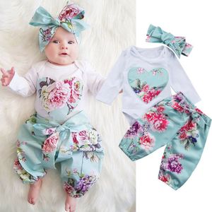 3pcs Pasgeboren Kid Baby Meisje Bloemen Kleding Bloem Hart Jumpsuit Lange Mouw Romper Bloemen Broek Hoofdband Outfits Set