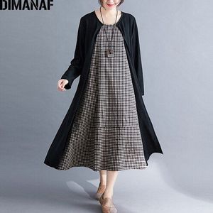 DIMANAF Vrouwen Jurk Plus Size Herfst Vestidos Katoen Linnen Plaid Zwart Gesplitst Vintage Vrouwelijke Elegnat Lady Lange Mouwen Jurk