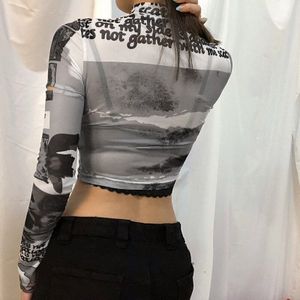 Vrouwen Casual Lange Mouwen T-shirt Print Half Hoge Kraag Holle Blootgesteld Navel Slim Fit Top